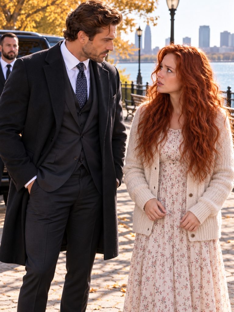 Two adults speaking on an autumn riverside walkway, with no children shown.